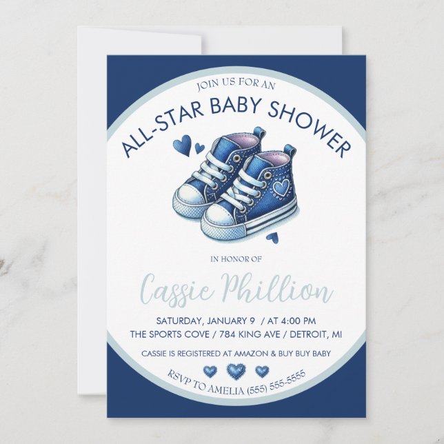 Invitación Un Baby Shower All Star, Blue High Top Sneakers (Anverso)