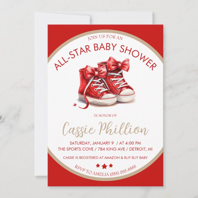Invitación Un Baby Shower de estrellas, zapatillas Red High T (Anverso)