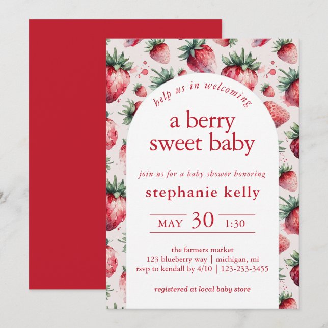 Invitación Un Baby Shower dulce de Berry (Anverso / Reverso)
