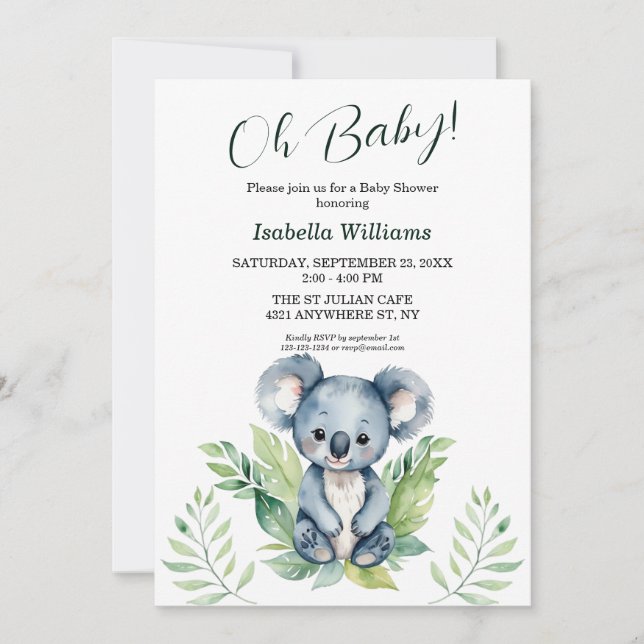 Invitación Un Baby Shower neutral de género de Koala salvaje (Anverso)