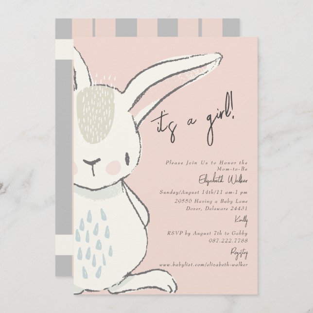 Invitación Un Baby Shower rosa y gris de conejo Chica (Anverso / Reverso)