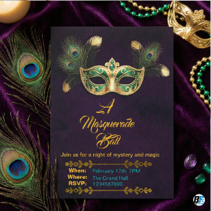 Invitación Un Baile de Máscaras Pavo Real Oro Esmeralda