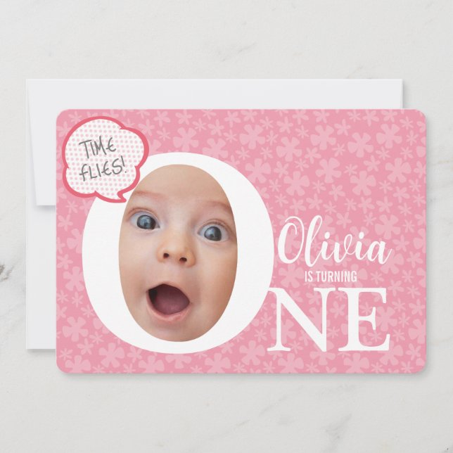 Invitación Un bebé divertido foto de cumpleaños rosado (Anverso)