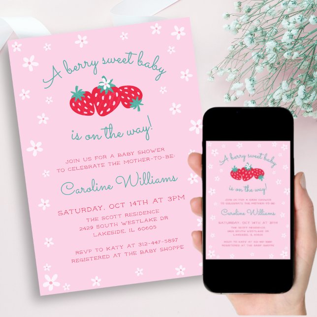 Invitación Un Bebé dulce está en camino a la fresa rosa (Subido por el creador)