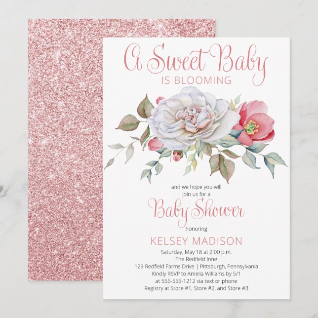 Invitación Un bebé dulce está floreciendo Chica rosado Baby S (Anverso / Reverso)