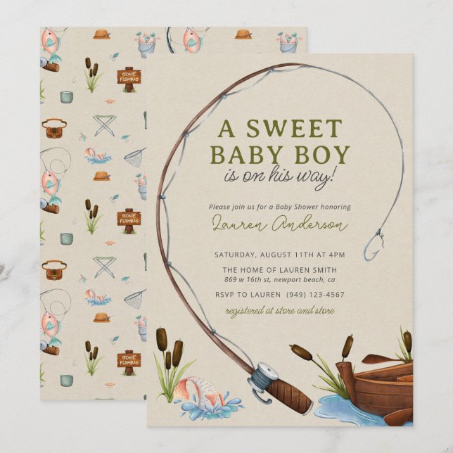Invitación Un bebé dulce Fisherman Watercolor Baby Shower (Anverso / Reverso)