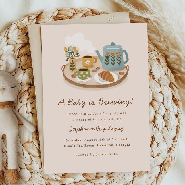 Invitación Un bebé está preparando Baby Shower (A baby is brewing baby shower invitation with coffee theme)