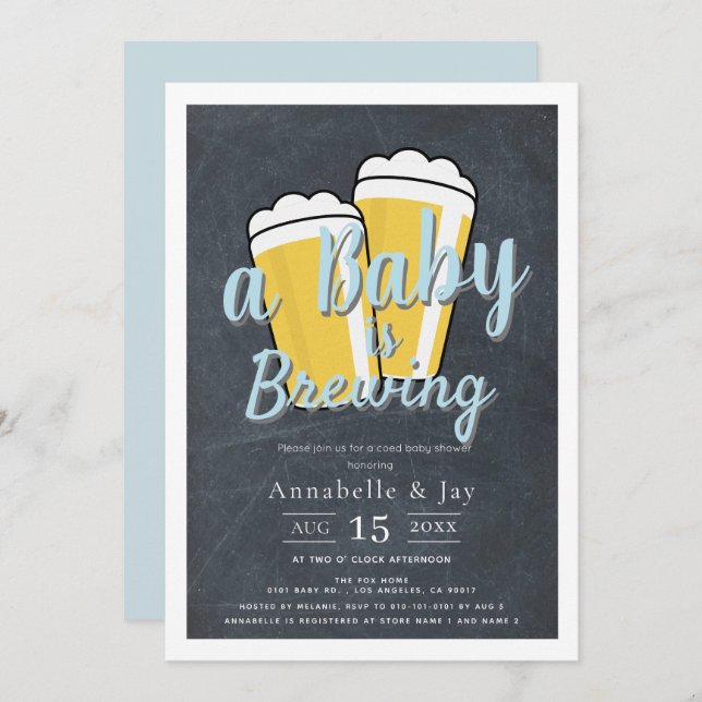 Invitación Un bebé está preparando Baby Shower azul de cervez (Anverso / Reverso)
