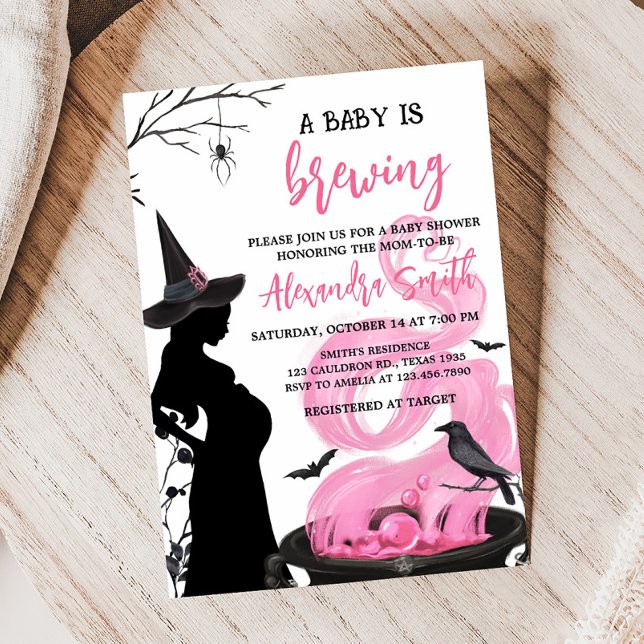 Invitación Un bebé está preparando Baby Shower de bruja rosa (Pink Witch Baby Shower Invitation)