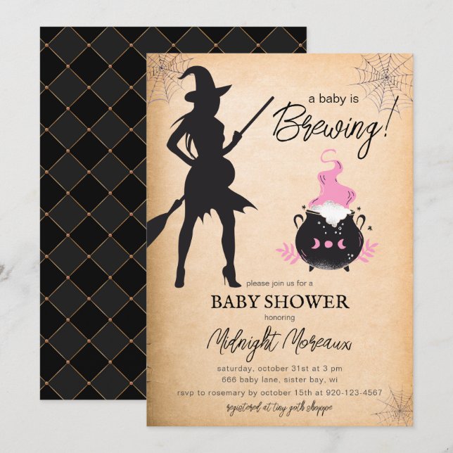 Invitación Un bebé está preparando Baby Shower de Brujas en H (Anverso / Reverso)