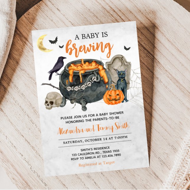 Invitación Un bebé está preparando Baby Shower de Halloween,  (Orange Halloween Baby Shower Invitation)