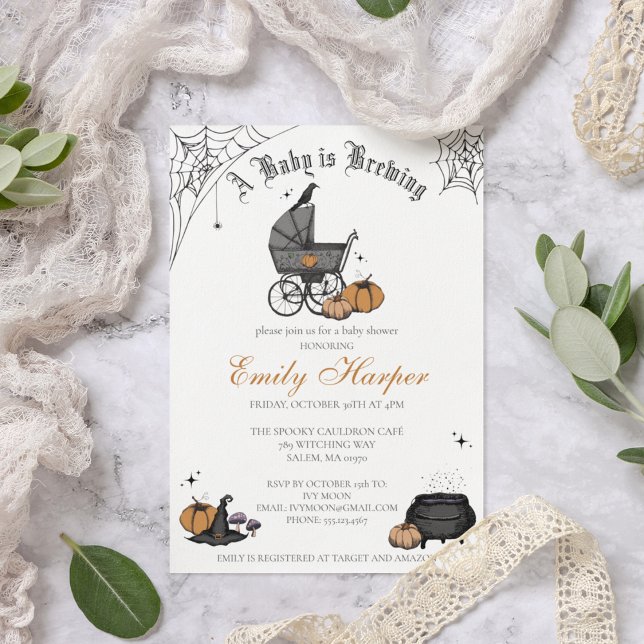 Invitación Un bebé está preparando Baby Shower neutral en cua (Elegant and Spooky Hand-Drawn Victorian Baby Carriage Custom Baby Shower Invite in a Crispy White)