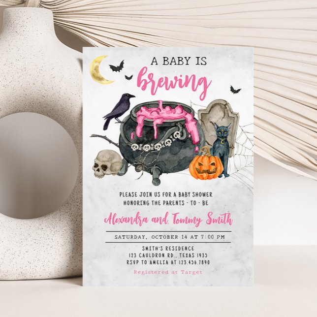 Invitación Un bebé está preparando Baby Shower rosado de Hall (A Baby is Brewing Pink Halloween Baby Shower Invitation)
