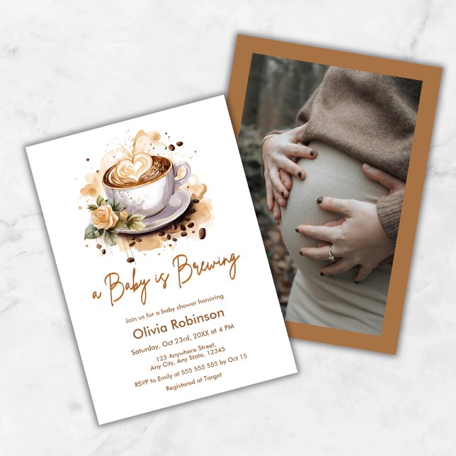 Invitación Un bebé está preparando el Baby Shower del café ma (A Baby is Brewing Photo Brown Coffee Baby Shower Invitation )