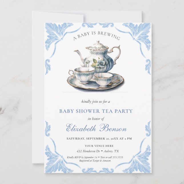 Invitación Un bebé está preparando té de Baby Shower con flor (Anverso)
