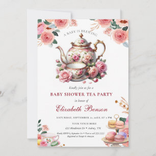 Invitación Un bebé está preparando té de Baby Shower con flor