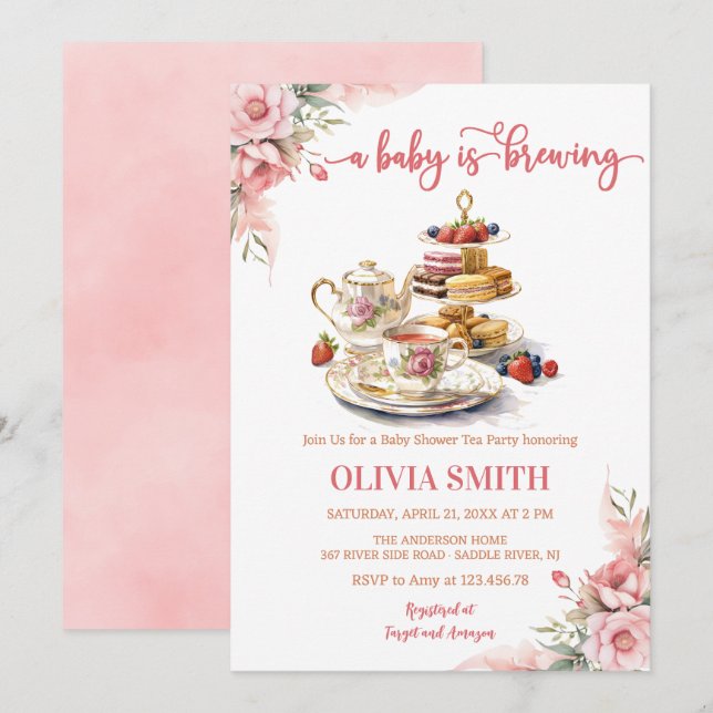 Invitación Un bebé está preparando un Fiesta de té floral Bab (Anverso / Reverso)