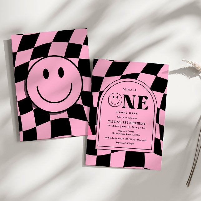 Invitación Un bebé feliz cara Chica rosado primer cumpleaños (One Happy Babe Happy Face Pink Girl 1st Birthday Invitation )