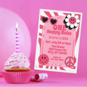 Invitación UN Bebé Feliz, cumpleaños 1 rosa