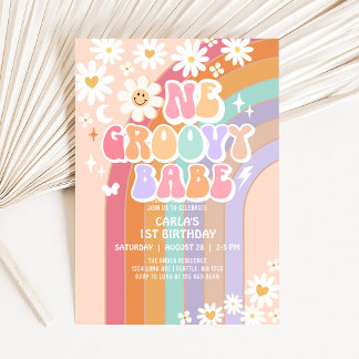Invitación Un bebé genial Daisy Rainbow Retro cumpleaños 1