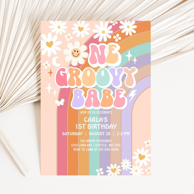 Invitación Un bebé genial Daisy Rainbow Retro cumpleaños 1 (Subido por el creador)