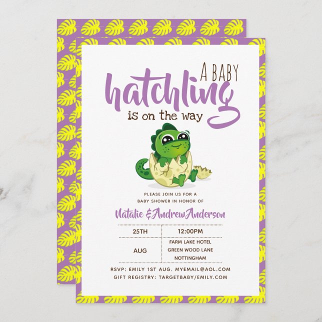 Invitación Un Bebé Hatchando En La Forma En Que Los Dinosauri (Anverso / Reverso)