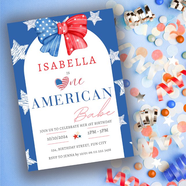 Invitación Un bebé norteamericano 4 de julio, cumpleaños (One American Babe 4th of July 1st Birthday Invitation)