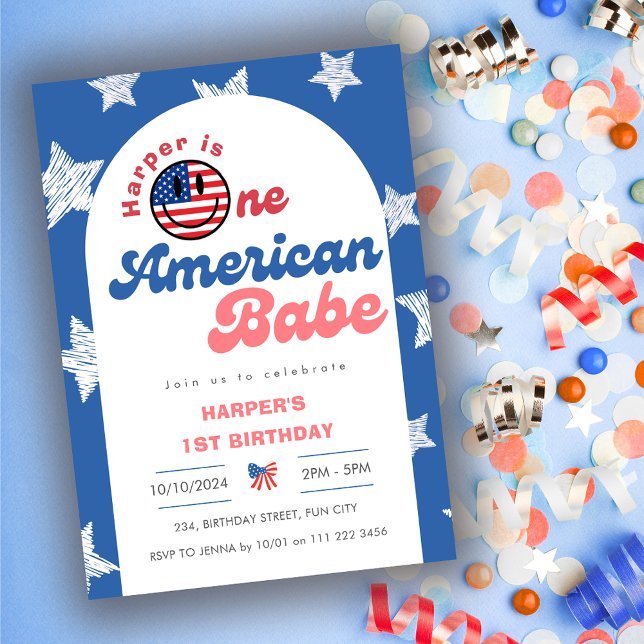 Invitación Un bebé norteamericano 4 de julio, cumpleaños del  (One American Babe 4th of July 1st Girl Birthday Invitation)