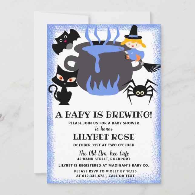 Invitación Un bebé prepara Baby Shower de Cauldron Halloween (Anverso)