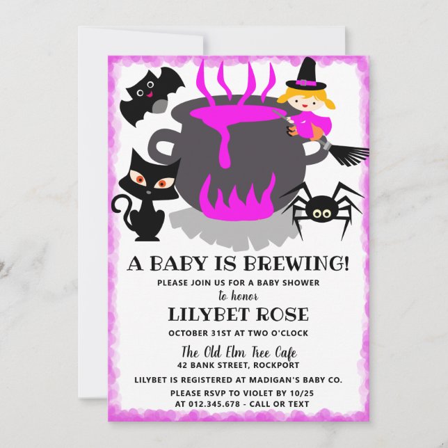 Invitación Un bebé prepara Baby Shower de Cauldron Halloween (Anverso)
