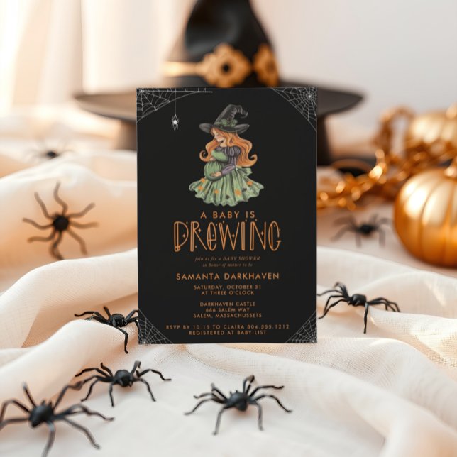 Invitación Un bebé se está preparando para la fiesta de Hallo (BABY IS BREWING CUTE WITCH HALLOWEEN BABY SHOWER INVITATION )