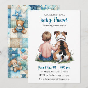 Invitación Un bebé y su Bulldog   Baby Shower Azul