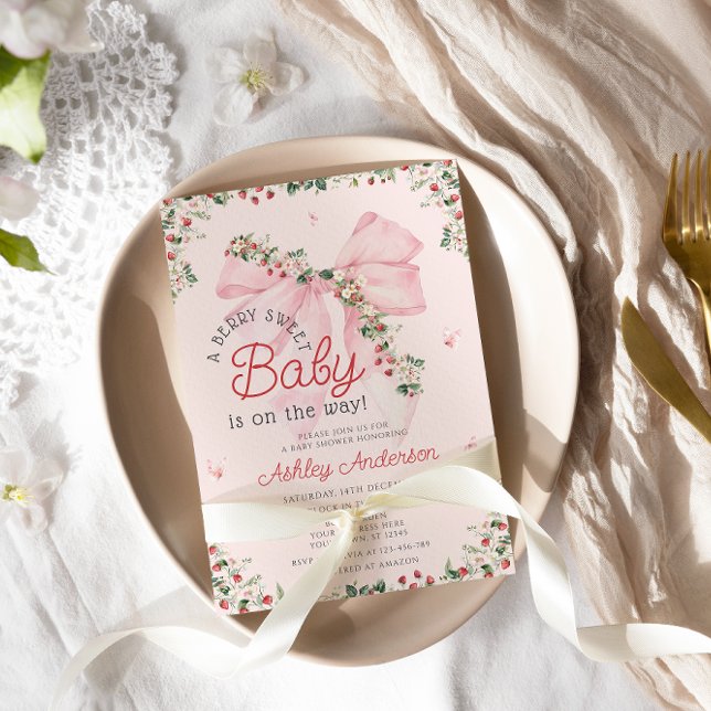 Invitación Un Berry Sweet Baby Pink Bow Chica Baby Shower (Subido por el creador)