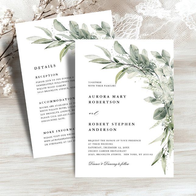 Invitación Un Boda detallado del eucalipto verde sabio (Sage Green Eucalyptus Minimalist Botanical Wedding all in one details invitation)