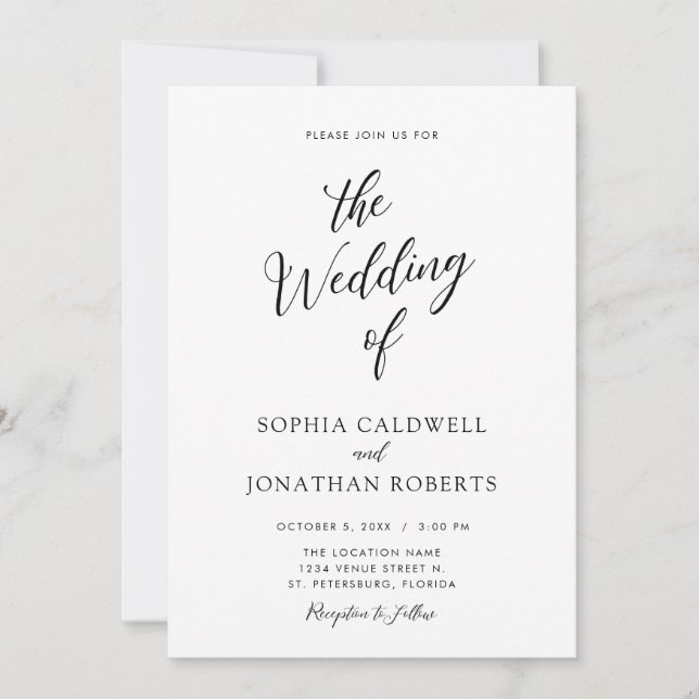 Invitación Un Boda elegante de caligrafía negra (Anverso)