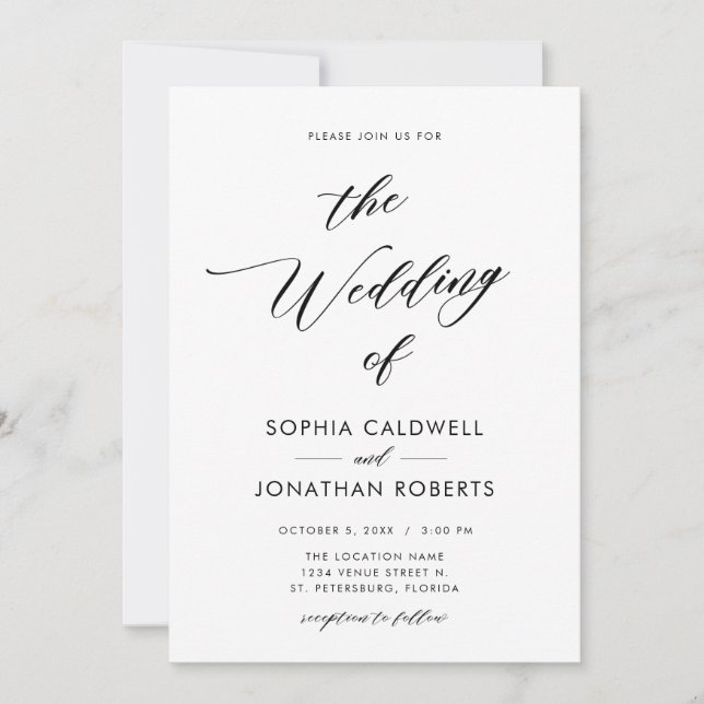 Invitación Un Boda elegante de caligrafía negra (Anverso)
