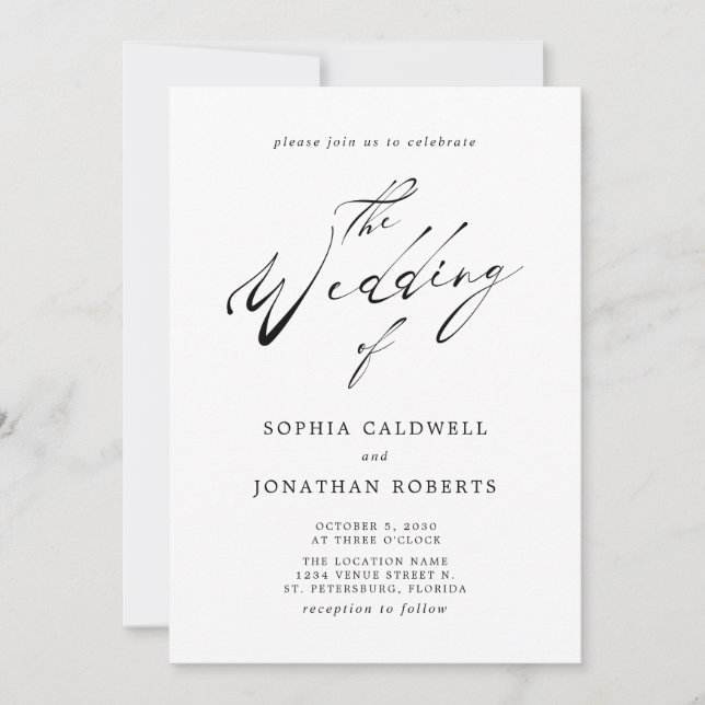 Invitación Un Boda elegante de caligrafía negra (Anverso)