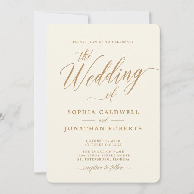 Invitación Un Boda elegante de la caligrafía dorada para crem (Anverso)