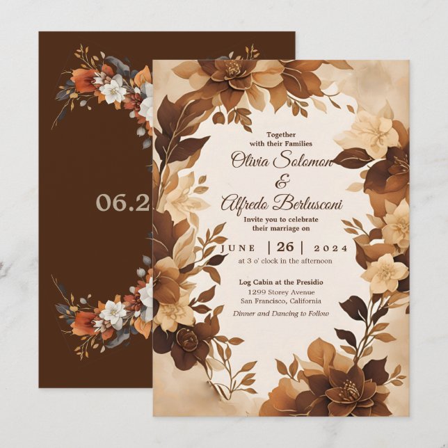 Invitación Un Boda temático floral de otoño con café y crema (Anverso / Reverso)