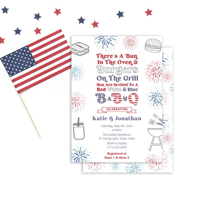 Invitación Un bollo azul rojo en el Baby Shower Oven BabyQ (Fun Red White And Blue Bun In The Oven theme baby-q baby shower invite. Groovy 1970s inspired font)