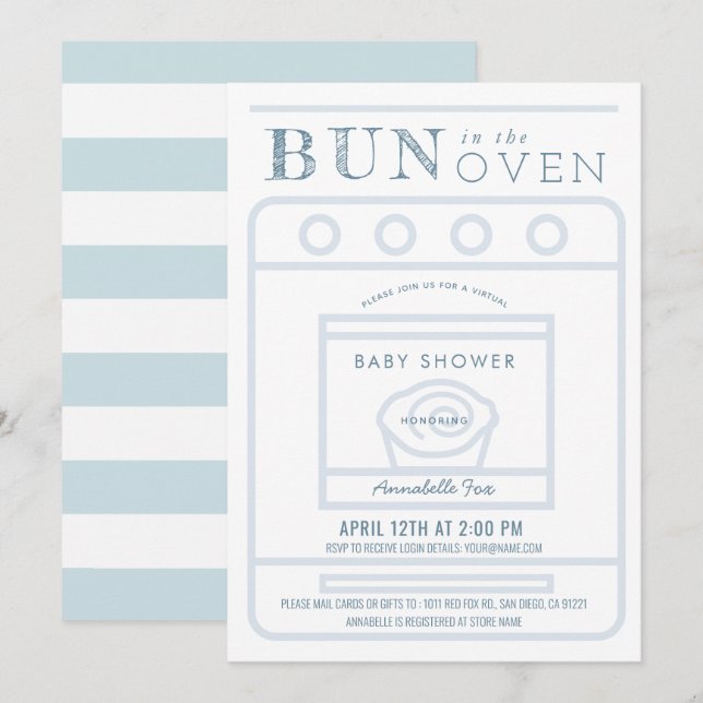 Invitación Un bollo en el Baby Shower virtual azul de Oven Bo (Anverso / Reverso)
