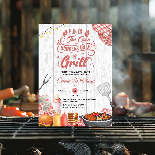 Invitación Un bollo en el Chica de Baby Shower Oven & Burgers (Bun in the Oven and Burgers on the Grill BABY-Q fun saying quotes ^pink plaid for her summer coed )