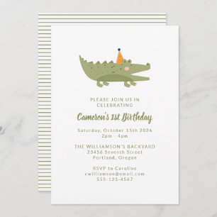Invitación Un bonito y lúgubre cocodrilo verde primer cumplea