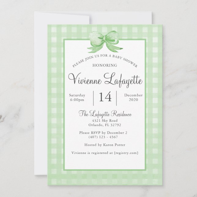 Invitación Un buen Gingham verde con Bow Baby Shower (Anverso)