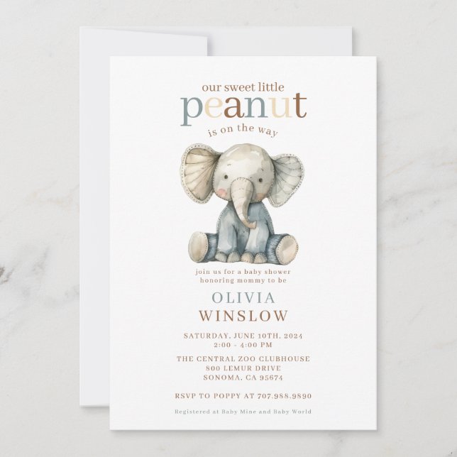 Invitación Un cacahuete en el camino del elefante Baby Shower (Anverso)