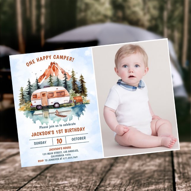Invitación Un campamento feliz 1er cumpleaños foto de camping (Subido por el creador)