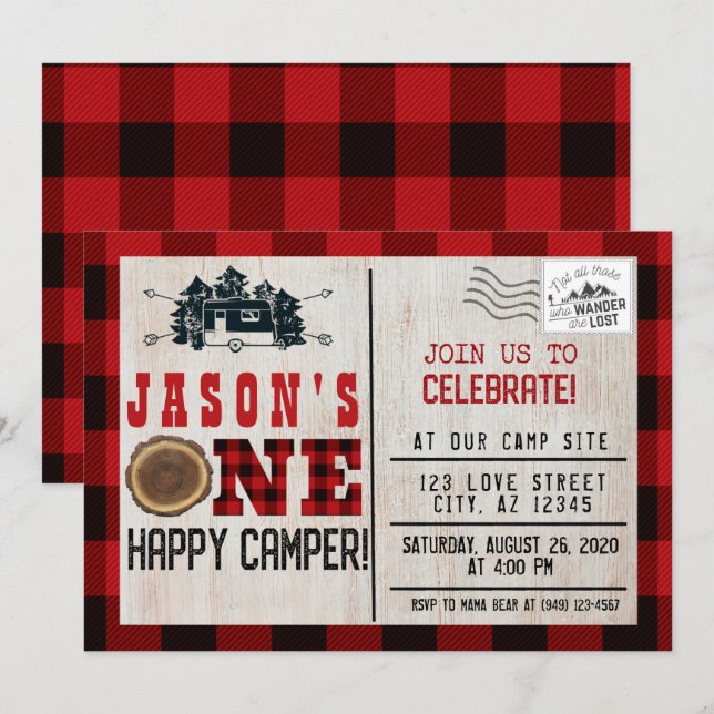 Invitación Un Camper Feliz Flannel Jugado 1er Cumpleaños (Anverso / Reverso)