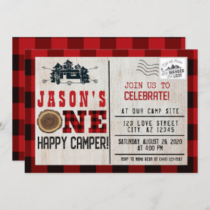 Invitación Un Camper Feliz Flannel Jugado 1er Cumpleaños