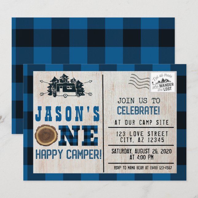 Invitación Un Camper Feliz Flannel Jugado 1er Cumpleaños (Anverso / Reverso)