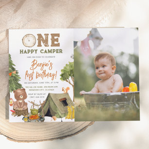 Invitación Un Campista Feliz Foto de Oso de Madera Cumpleaños